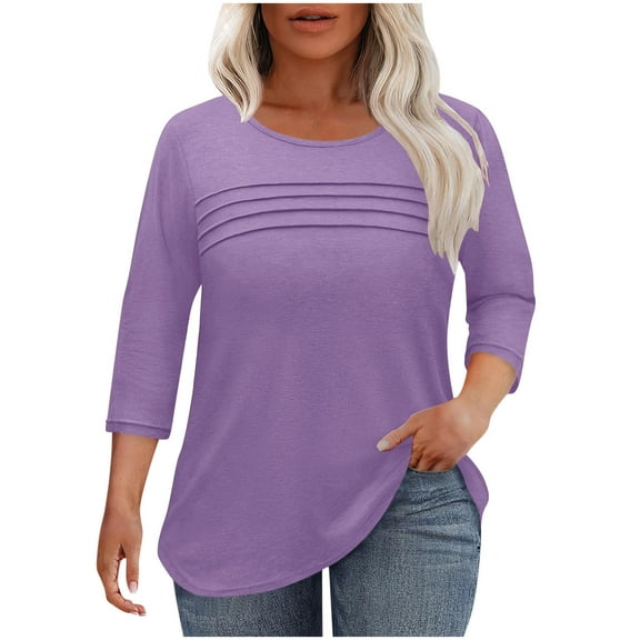 FNFHFY Womens 3/4 Length Sleeve Tops Oversized Crewneck Solid Shirt Casual Pleated Tunic Shirts Fall Comfort Basic T Shirt