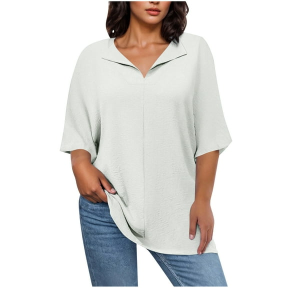 FNFHFY Womens 3/4 Length Sleeve Tops Plus Size V Neck T Shirt Loose Fit Solid Basic Tees Tunic Shirts to Wear with Leggings