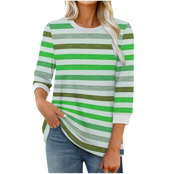 FNFHFY Womens 3/4 Sleeve Tops Casual Crewneck Striped Shirt Three Quarter Sleeve Colorful Tshirt Fall Basic Tees Loose Tunic Shirts