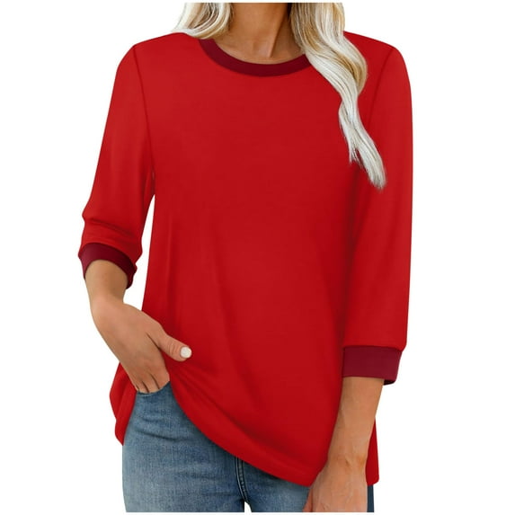 FNFHFY Womens 3/4 Sleeve Tops Casual Crewneck T Shirt Fall Solid Color Basic Shirts Comfy Tunic Blouses for Leggings