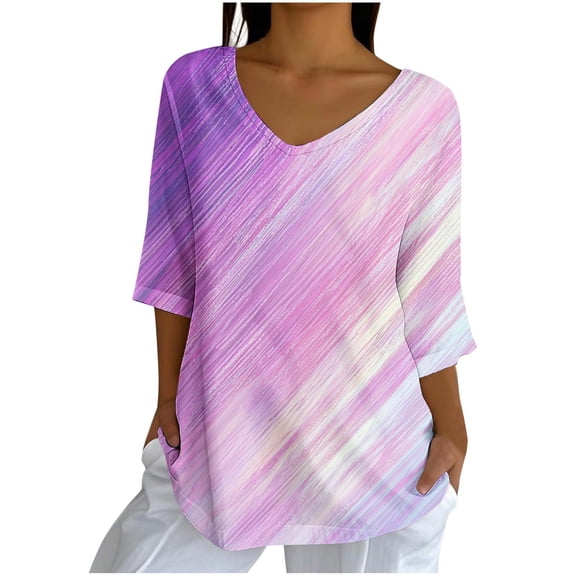 FNFHFY Womens 3/4 Sleeve Tops Casual V Neck Print Shirts Fall Lightweigh Soft Basic Tee Shirt Loose Hide Belly Top