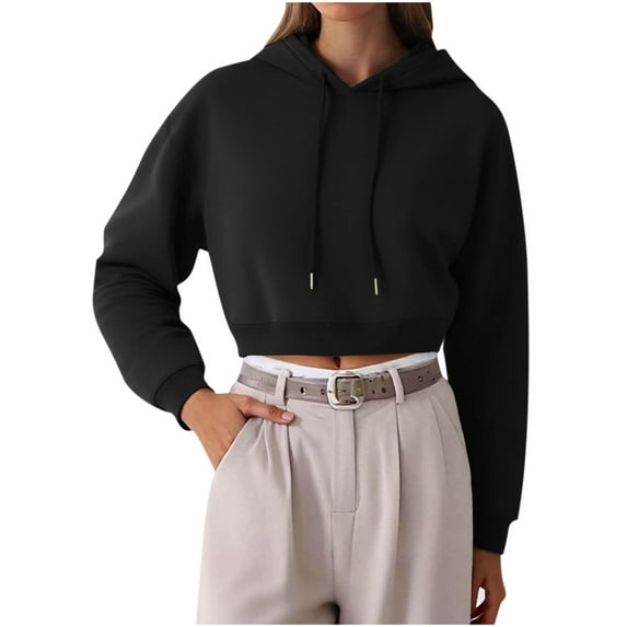 FNFHFY Womens Crop Hoodies Drawstring Pullover Sweatshirt Fall Fashion Short Hooded Sweatshirts Solid Long Sleeve Workout Cropped Hoodie