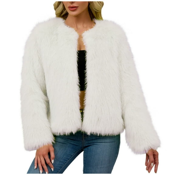 FNFHFY Womens Cropped Faux Fur Coat Open Front Shaggy Jacket Warm Fluffy Jackets Solid Short Winter Outfit