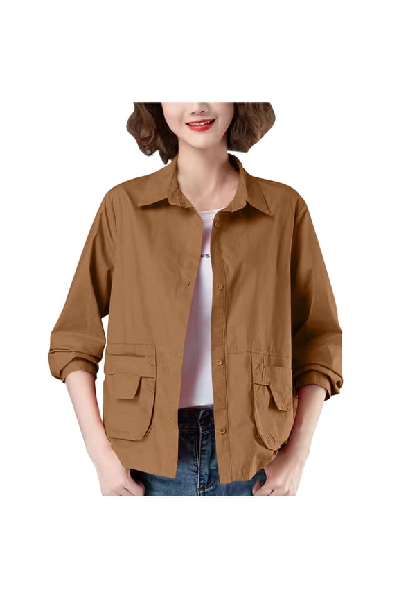 Womens Cropped Jacket Snap Button Lapel Cargo Jacket Solid Barn Jackets Long Sleeve Lightweight Utility Coat with Pockets