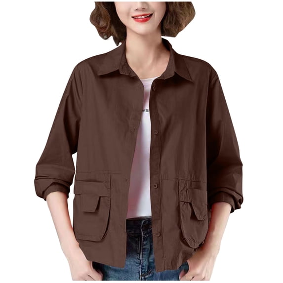 FNFHFY Womens Cropped Jacket Snap Button Lapel Cargo Jacket Solid Barn Jackets Long Sleeve Lightweight Utility Coat with Pockets