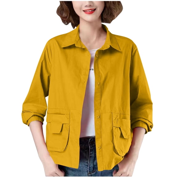 FNFHFY Womens Cropped Jacket Snap Button Lapel Cargo Jacket Solid Barn Jackets Long Sleeve Lightweight Utility Coat with Pockets