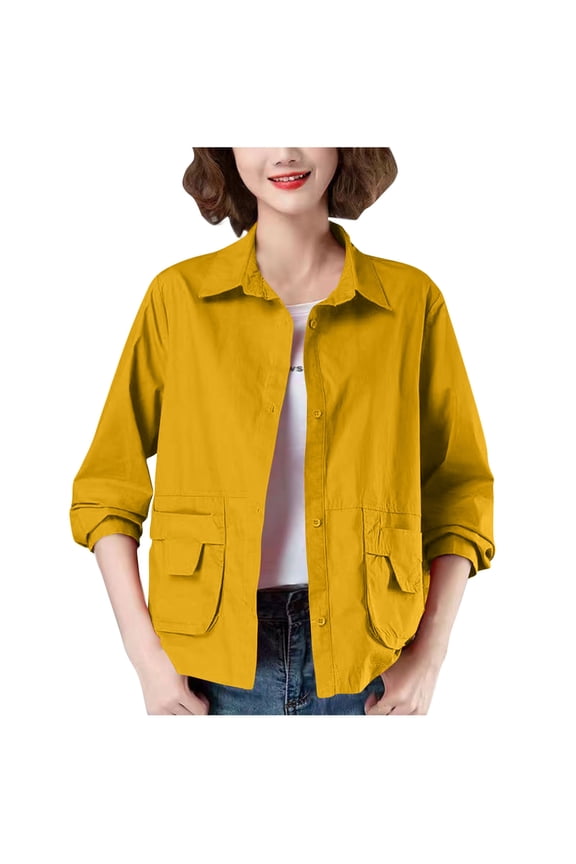 Womens Cropped Jacket Snap Button Lapel Cargo Jacket Solid Barn Jackets Long Sleeve Lightweight Utility Coat with Pockets