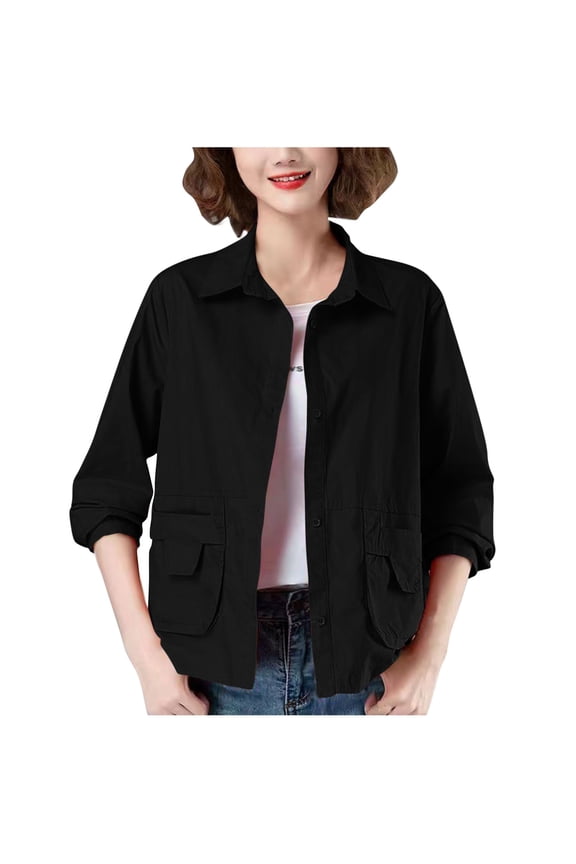 Womens Cropped Jacket Snap Button Lapel Cargo Jacket Solid Barn Jackets Long Sleeve Lightweight Utility Coat with Pockets