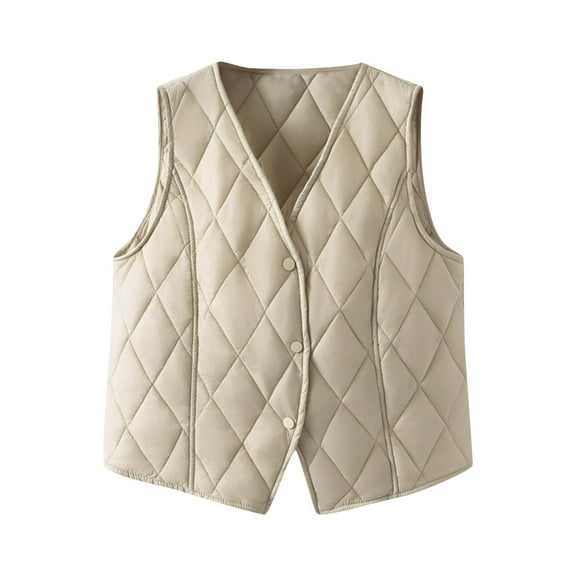 FNFHFY Womens Cropped Qilted Vest Plus Size Lightweight Sleeveless Puffer Jackets V Neck Solid Thermal Padded Gilet Winter Warm Vests