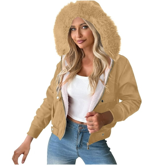FNFHFY Womens Cropped Sherpa Lined Coat Zip Up Puffer Jacket Fleece Lined Padded Coats Thicken Winter Jackets with Faux Fur Hood