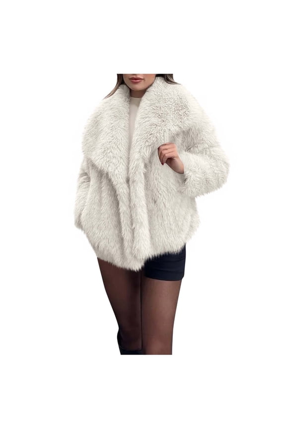 FNFHFY Womens Faux Fur Coat Lapel Open Front Shaggy Jacket Solid Long Sleeve Plush Jackets Soft Fluffy Faux Fur Coats