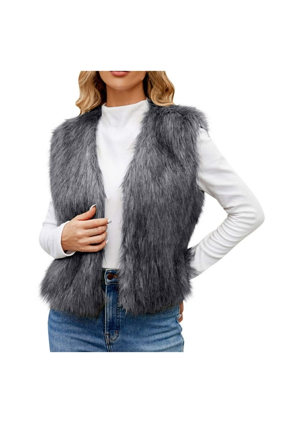 Womens Faux Fur Vest Cropped Shaggy Vests V Neck Sleeveless Fluffy Outwear Solid Trendy Fuzzy Winter Waitcoat Gilet