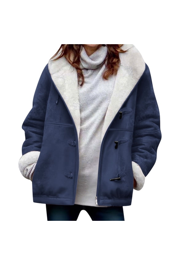 FNFHFY Womens Faux Suede Jackets Plus Size Lapel Fleece Lined Coat Trendy Thicken Horn Button Hooded Jacket Warm Winter Coats with Pockets