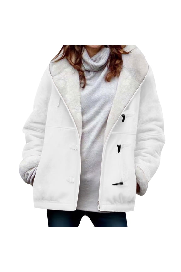 FNFHFY Womens Faux Suede Jackets Plus Size Lapel Fleece Lined Coat Trendy Thicken Horn Button Hooded Jacket Warm Winter Coats with Pockets