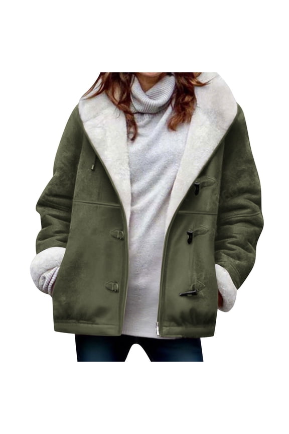 FNFHFY Womens Faux Suede Jackets Plus Size Lapel Fleece Lined Coat Trendy Thicken Horn Button Hooded Jacket Warm Winter Coats with Pockets