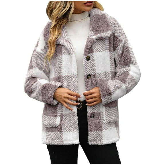FNFHFY Womens Flannel Plaid Shacket Jacket Loose Lapel Button Down Fleece Jackets Thick Winter Coats Fluffy Flannels with Pockets