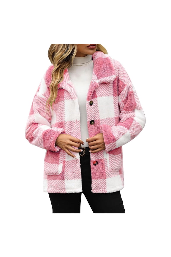 FNFHFY Womens Flannel Plaid Shacket Jacket Loose Lapel Button Down Fleece Jackets Thick Winter Coats Fluffy Flannels with Pockets