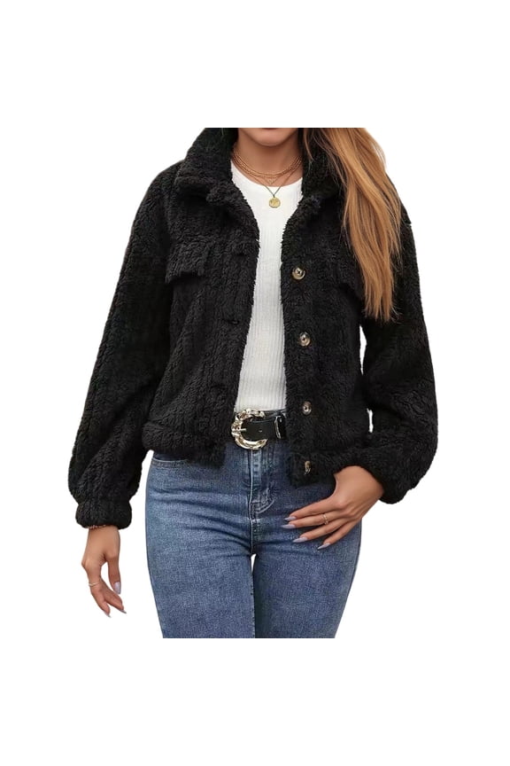 Womens Fleece Jacket Cropped Sherpa Shacket Jackets Casual Button Down Lapel Coat Fuzzy Warm Fall Winter Coats Long Sleeve Outwear with Pockets