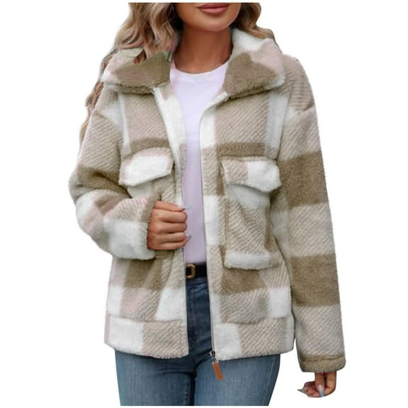 FNFHFY Womens Fleece Jacket Lapel Flannel Jackets Zip Up Plaid Sherpa Shacket Long Sleeve Warm Fall Winter Coats with Pockets