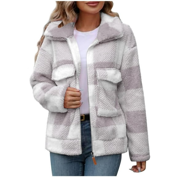 FNFHFY Womens Fleece Jacket Lapel Flannel Jackets Zip Up Plaid Sherpa Shacket Long Sleeve Warm Fall Winter Coats with Pockets