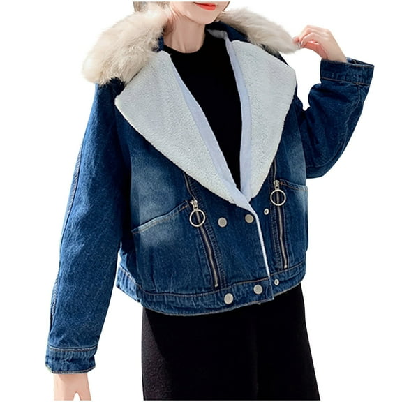 FNFHFY Womens Fleece Lined Denim Coats Thicken Warm Lapel Button Down Winter Jean Jackets Trendy Loose Crop Faux Fur Coat