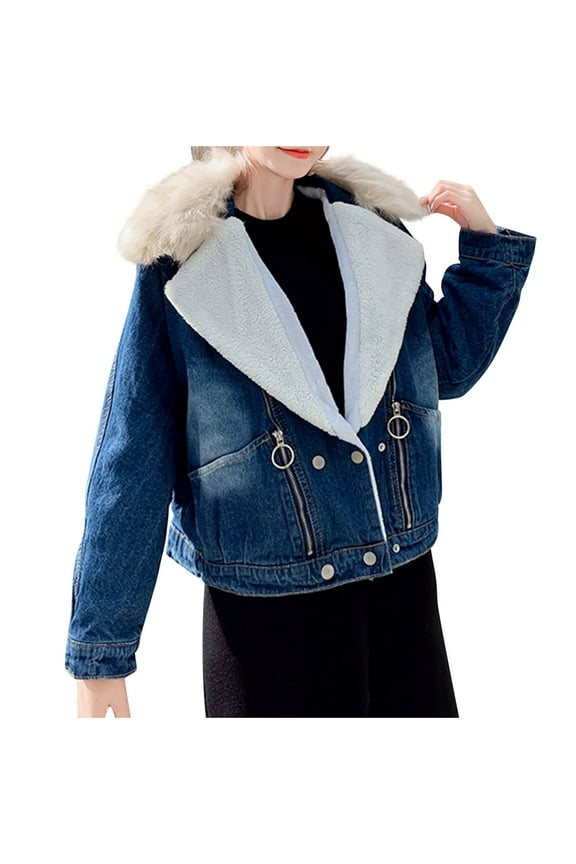 Womens Fleece Lined Denim Coats Thicken Warm Lapel Button Down Winter Jean Jackets Trendy Loose Crop Faux Fur Coat