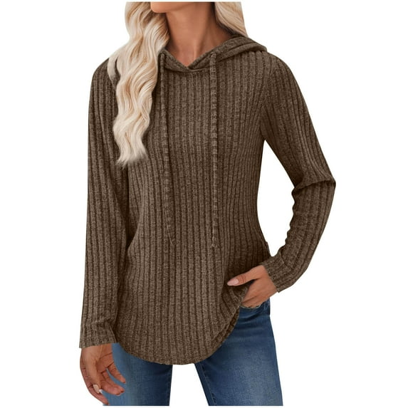 FNFHFY Womens Hoodies Soft Ribbed Knit Sweaters Long Sleeve Pullover Shirts Lightweight Cozy Curved Hem Fall Tops