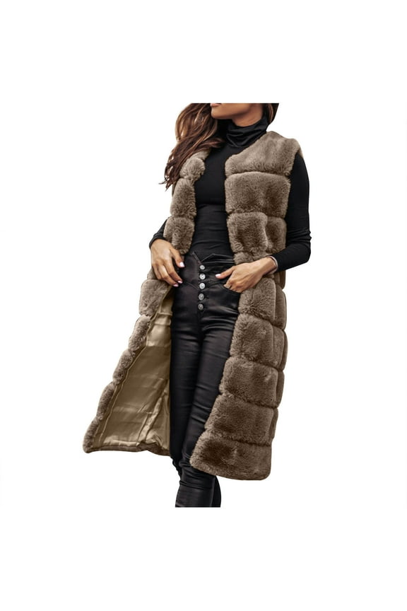 Womens Long Faux Fur Vest Sleeveless Fluffy Cardigan Open Front Shaggy Waistcoat Solid Color Fuzzy Fleece Winter Vests