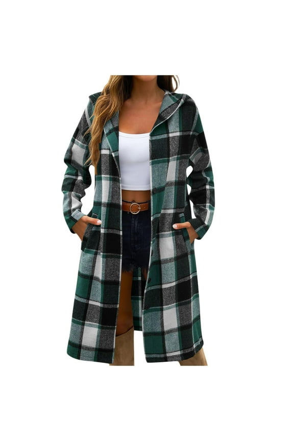 Womens Long Plaid Jacket Oversized Cardigan Shacket Button Down Flannel Trench Coats Flannels with Hood