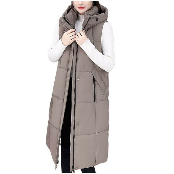 FNFHFY Womens Long Puffer Vest Lightweight Padded Sleeveless Jackets Hooded Ankle Length Winter Parka Solid Winter Waistcoat Outwear