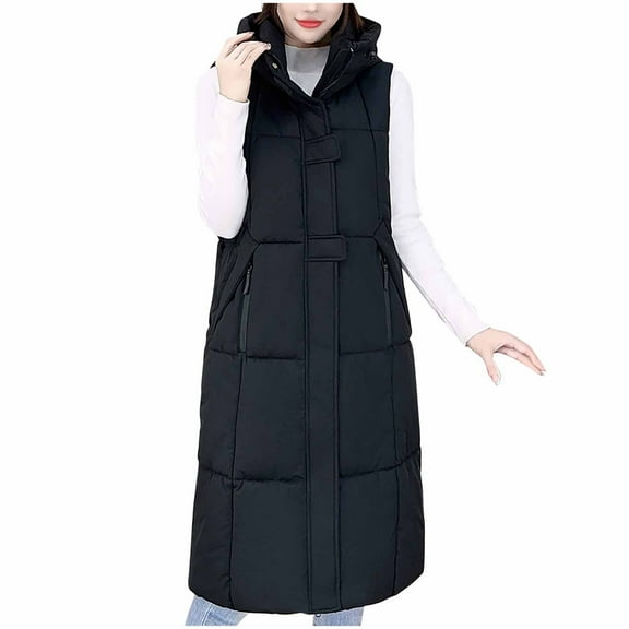 FNFHFY Womens Long Puffer Vest Lightweight Padded Sleeveless Jackets Hooded Ankle Length Winter Parka Solid Winter Waistcoat Outwear