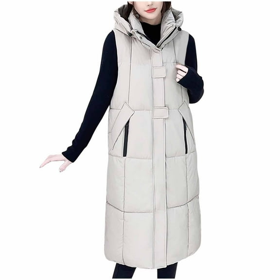 FNFHFY Womens Long Puffer Vest Lightweight Padded Sleeveless Jackets Hooded Ankle Length Winter Parka Solid Winter Waistcoat Outwear