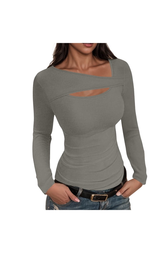 Womens Long Sleeve Shirts Trendy Cut Out Front Tops Casual Ribbed Tunic Shirt Slim Fit Solid Y2k Tee Tshirts