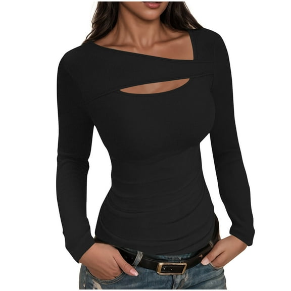 FNFHFY Womens Long Sleeve Shirts Trendy Cut Out Front Tops Casual Ribbed Tunic Shirt Slim Fit Solid Y2k Tee Tshirts
