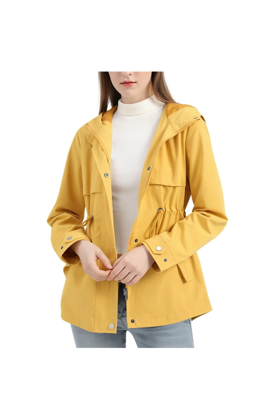 FNFHFY Womens Mid Long Windbreaker Lightweight Zip Up Hooded Travel Jacket Long Sleeve Snap Button Trench Coat Drawstring Waist Solid Anorak Jackets