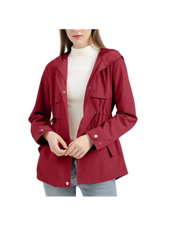 FNFHFY Womens Mid Long Windbreaker Lightweight Zip Up Hooded Travel Jacket Long Sleeve Snap Button Trench Coat Drawstring Waist Solid Anorak Jackets