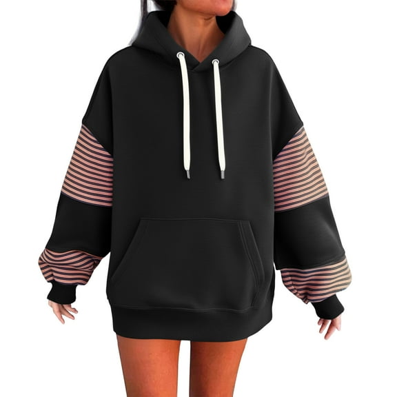 FNFHFY Womens Oversized Hoodies Color Block Long Sleeve Pullover Sweatshirt Loose Fit Drawstring Striped Hoodie with Kangaroo Pocket
