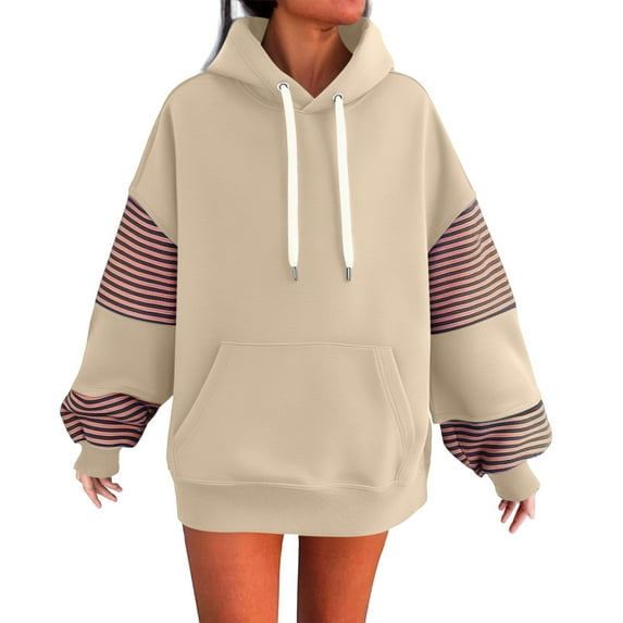 FNFHFY Womens Oversized Hoodies Color Block Long Sleeve Pullover Sweatshirt Loose Fit Drawstring Striped Hoodie with Kangaroo Pocket