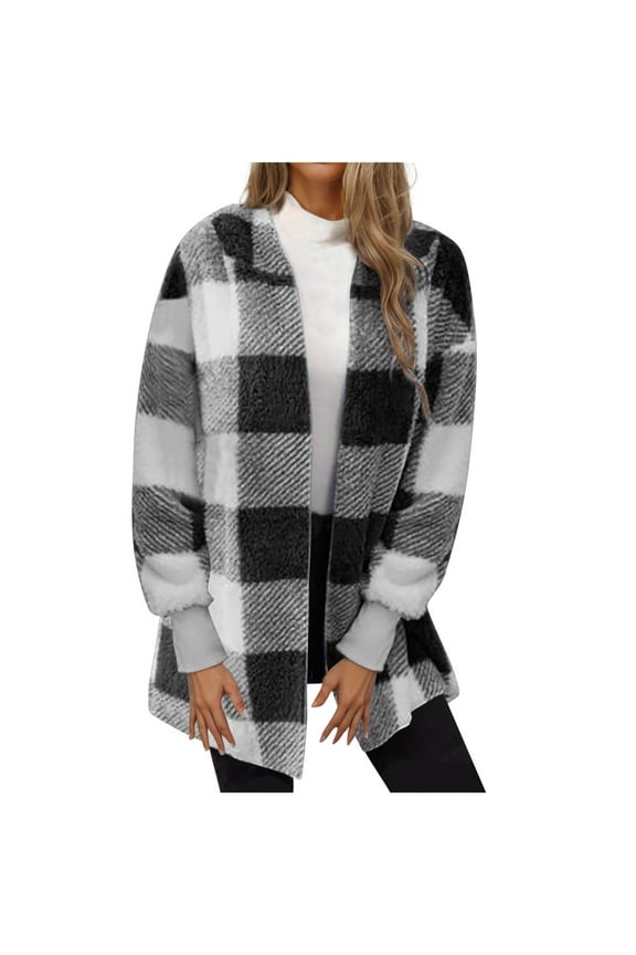 Womens Plaid Fleece Jacket Open Front Cardigan Sherpa Shacket Warm Fall Winter Coats Drop Shoulder Plush Overcoat