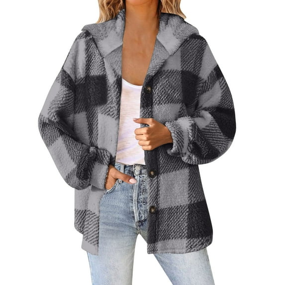 FNFHFY Womens Plaid Fleece Jacket Plus Size Sherpa Shacket Jackets Warm Fall Winter Coats Button Down Plush Overcoat with Hood
