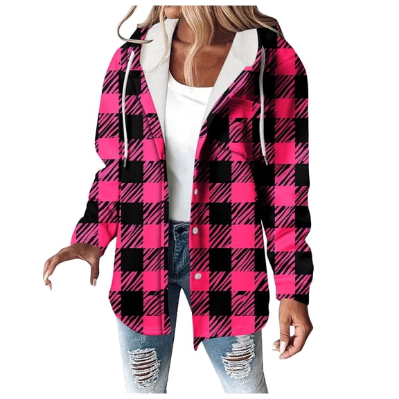 FNFHFY Womens Plaid Hoodies Button Down Shacket Jacket Casual Flannel Hooded Shirt Tops Trendy Fall Outfits with Pockets