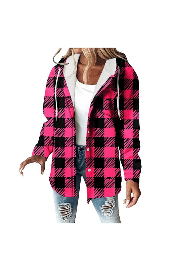 Womens Plaid Hoodies Button Down Shacket Jacket Casual Flannel Hooded Shirt Tops Trendy Fall Outfits with Pockets