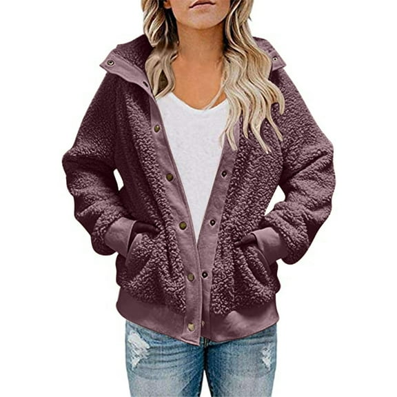 FNFHFY Womens Plus Size Fleece Jacket Casual Snap Up Thick Sherpa Coats Solid Faux Fur Jackets Long Sleeve Warm Winter Coat with Pockets