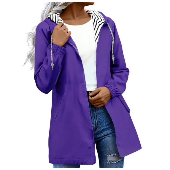 FNFHFY Womens Plus Size Rain Coat Lightweight Waterproof Long Windbreaker Zip Up Drawstring Hooded Rain Jacket Travel Outdoor Trench Coats
