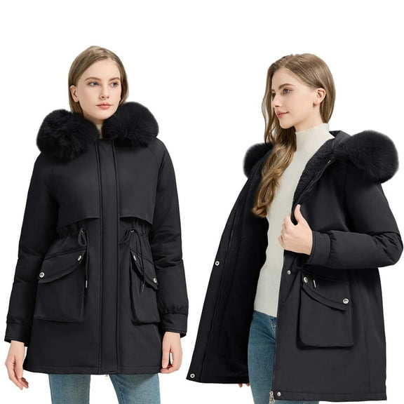 FNFHFY Womens Puffer Jacket Loose Fit Fleece Lined Parka Thicken Drawstring Waist Warm Winter Coats Mid Long Faux Fur Hood Padded Coat with Pockets
