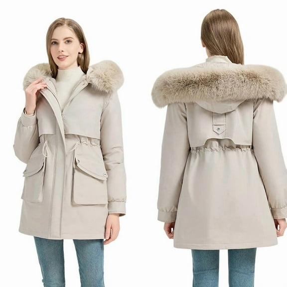 FNFHFY Womens Puffer Jacket Loose Fit Fleece Lined Parka Thicken Drawstring Waist Warm Winter Coats Mid Long Faux Fur Hood Padded Coat with Pockets