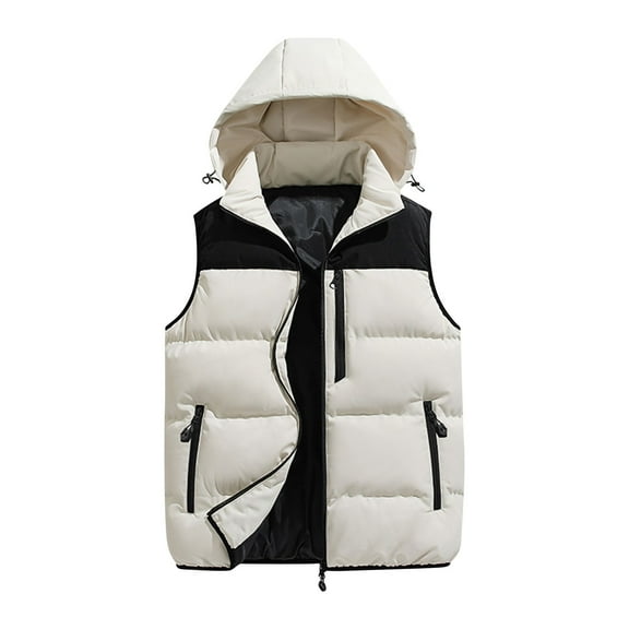 FNFHFY Womens Puffer Vest Plus Size Sleeveless Puffer Jacket Color Block Zip Up Winter Coat Thicken Padded Coats with Detachable Hood