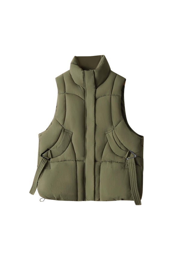 Womens Puffer Vest Plus Size Solid Sleeveless Padded Coat Stand Collar Winter Trendy Bubble Vests Outerwear with Pockets