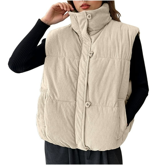 FNFHFY Womens Puffer Vest Stand Collar Corduroy Sleeveless Jacket Solid Color Stand Collar Padded Vests Winter Puffy Coat
