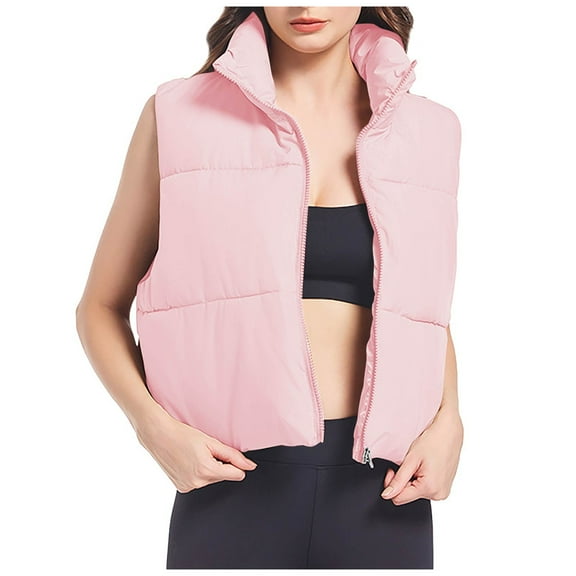 FNFHFY Womens Puffer Vest Stand Collar Lightweight Quilted Vests Zip Up Cropped Sleeveless Puffy Jackets Solid Winter Waistcoat Gilet